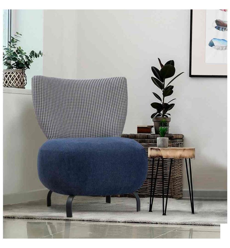Chaise à oreilles, bleu foncé, cadre en bois de charme, tissu chenille