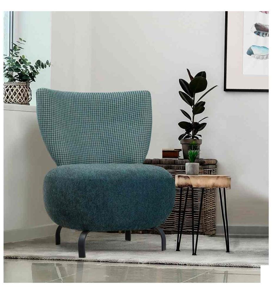 Chaise à oreilles, Turquoise, cadre en bois de charme, tissu Chenille
