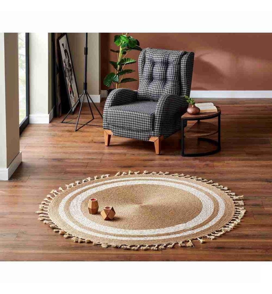 Moquette, 90 x 90, , Crème, Polypropylène - Jute - Coton recyclé, 2890 gr-m²,