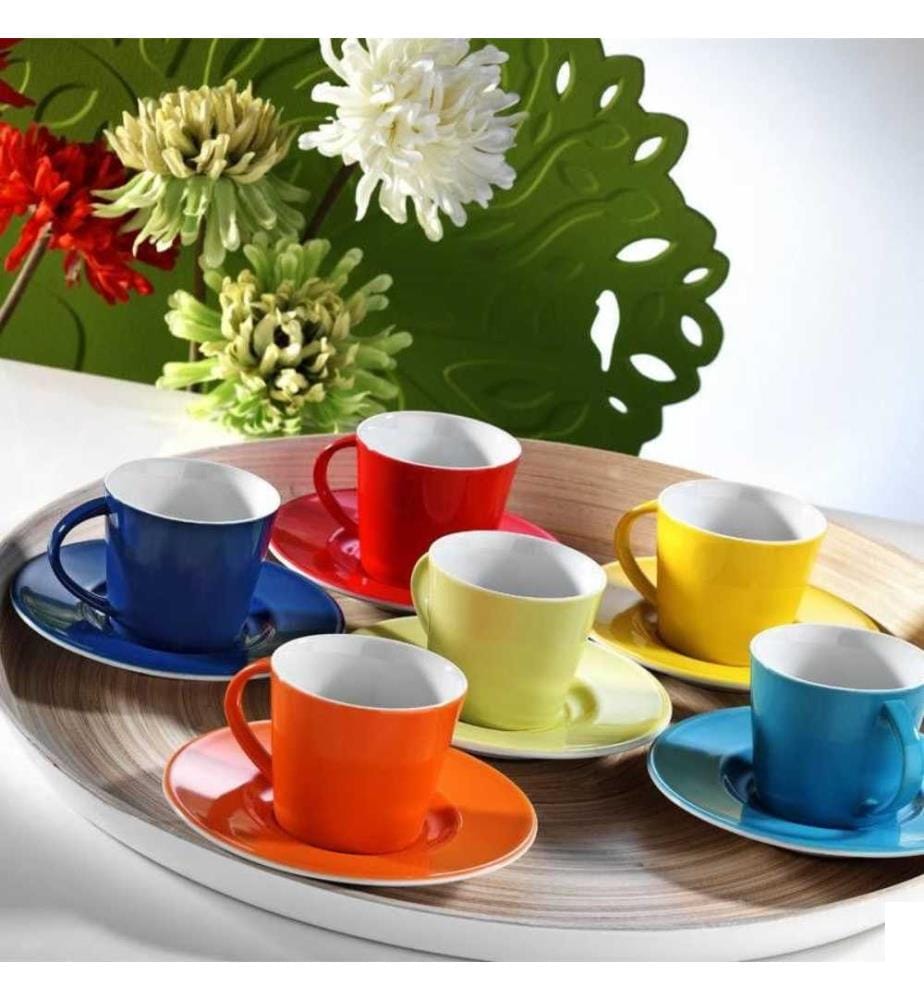 Set de tasses à café, 12 pièces, blanc, bleu marine, orange, rouge, bleu, jaune, vert, porcelaine