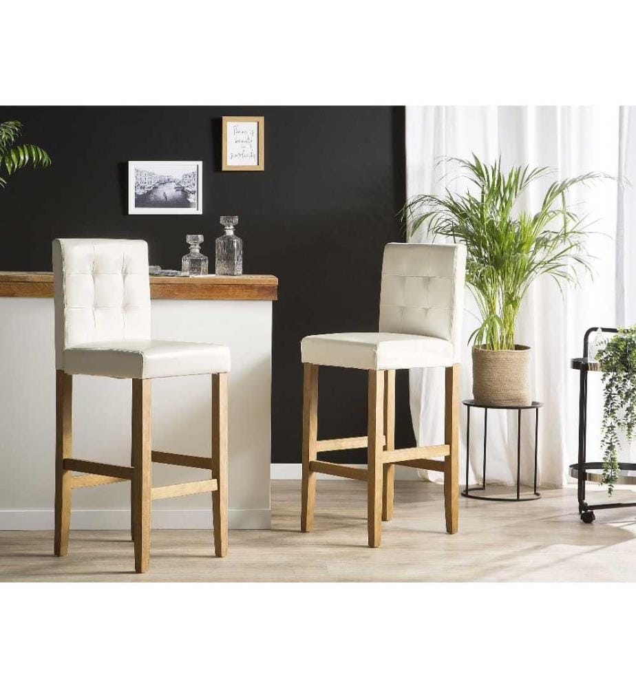 Chaise de Bar Tabouret Haut en Bois Cuir PU Blanc Beige Haut de Gamme pour Salon Salle à Manger ou Cuisine Moderne et Classique