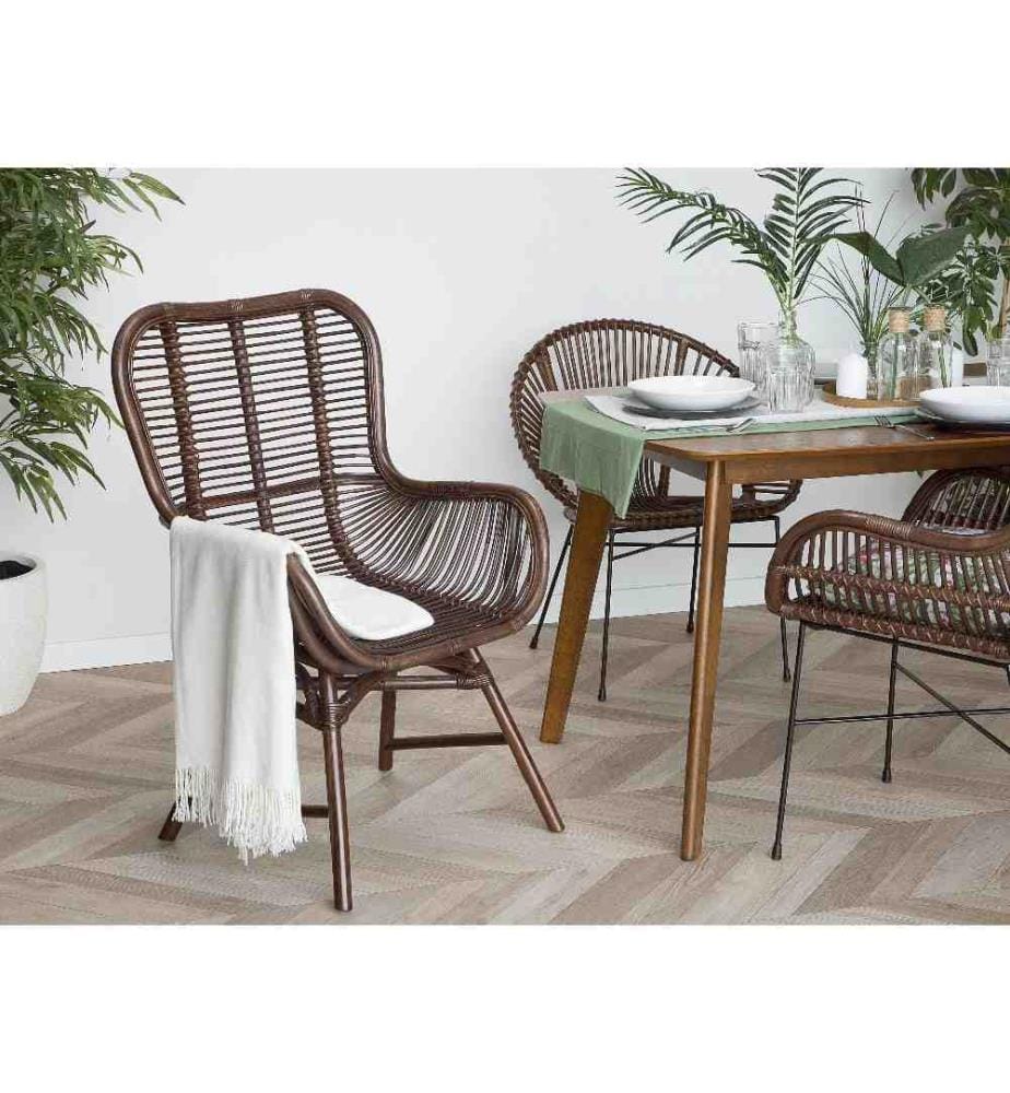 Chaise Fauteuil en Rotin Naturel Marron Foncé Ultra Confortable et Très Tendance Idéal pour Chambre ou Salon au Style Boho et Scandinave