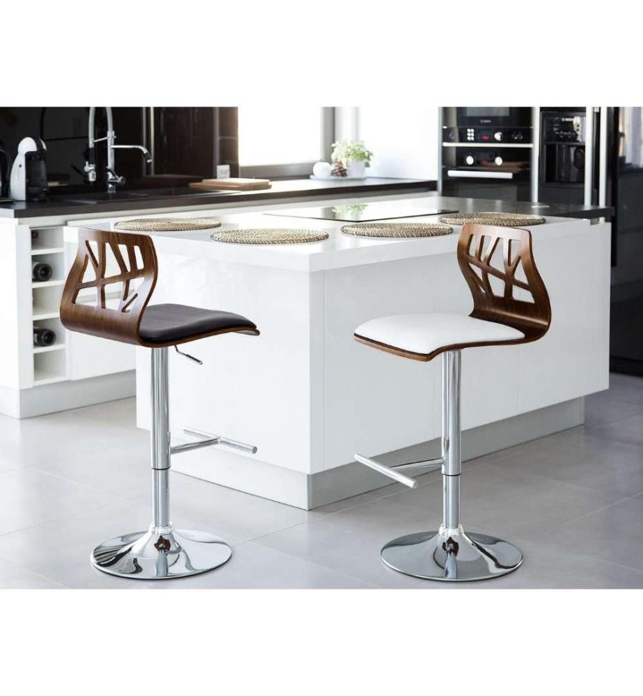 Tabouret Haut Chaise de Bar en Bois Foncé et Blanche avec Pied Chromé Pivotante et Réglable au Design Moderne Tendance pour Cuisine