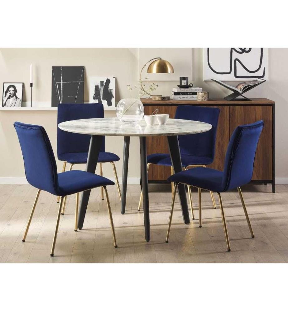 Lot 2 Chaises Glamour Tapissées en Velours Bleu Foncé de Gamme avec Pieds Dorés pour Salon ou Salle à Manger au Style Vintage Traditionnel