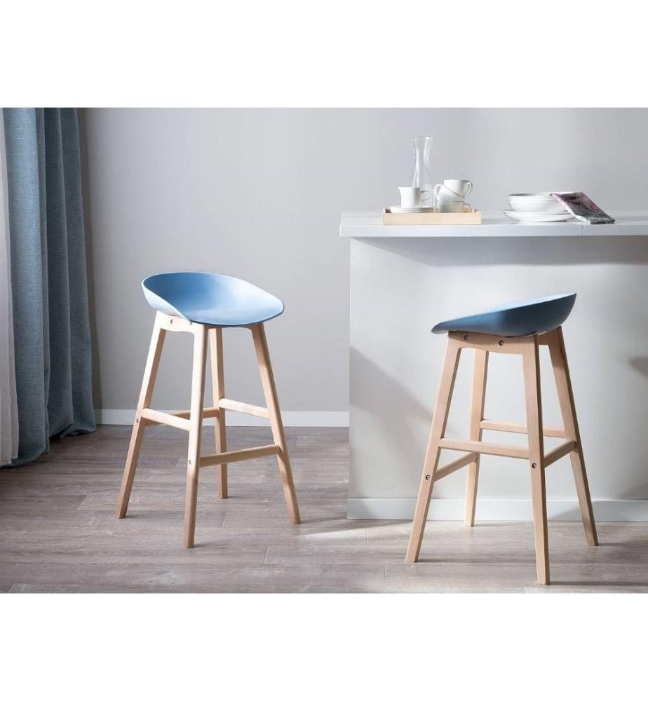 Lot 2 Tabourets de Bar aux Sièges Bleus Clairs et Pieds en Bois pour Salle à Manger ou Cuisine au Design Moderne Nordique et Minimaliste