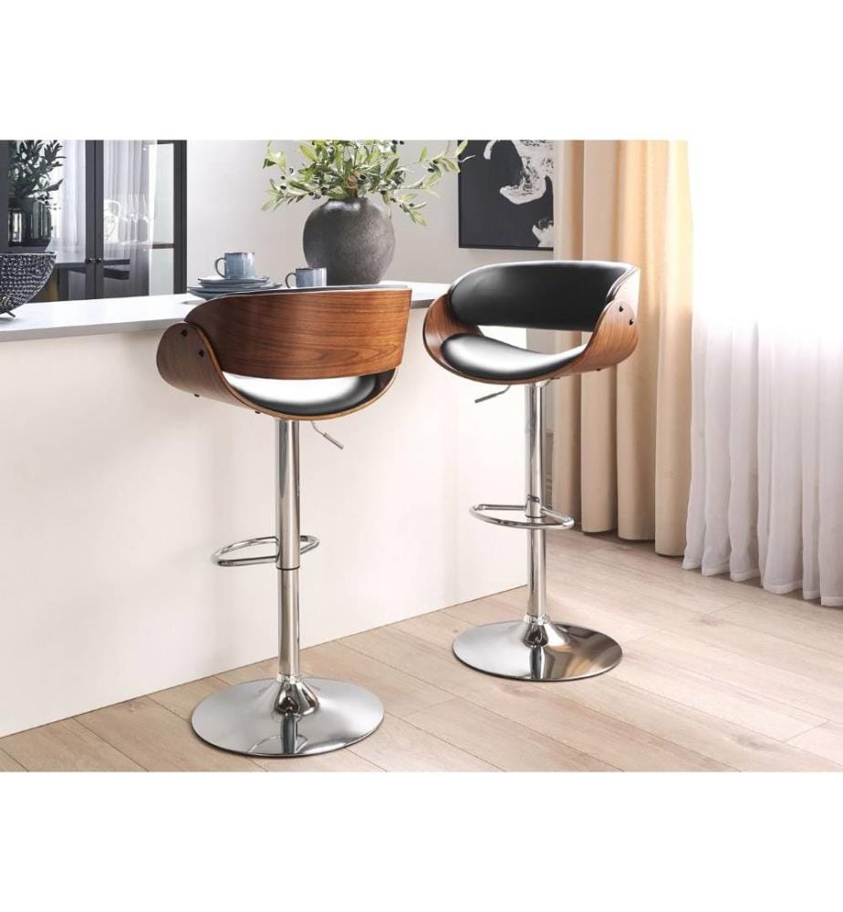 Tabouret Chaise de Bar avec Siège en Bois et Cuir PU Noir sur Pied Chromé Réglable en Hauteur pour Salon Salle à Manger ou Cuisine Moderne