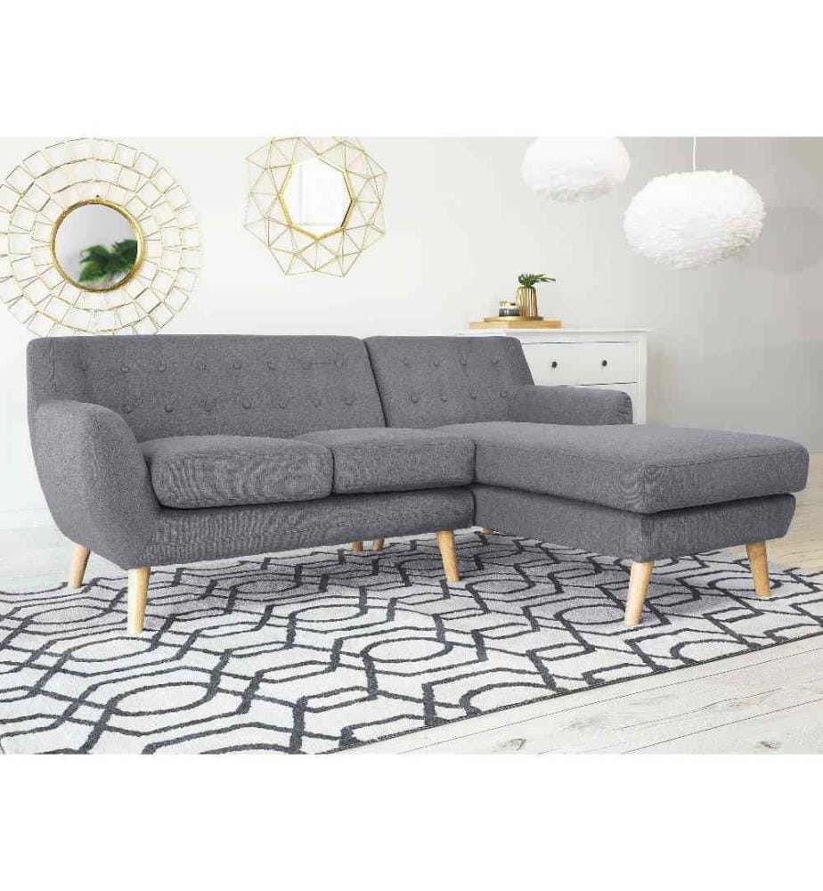 Canapé d'Angle Tapissé en Tissu Gris avec Dossier à Boutons Confort et Design Scandinave