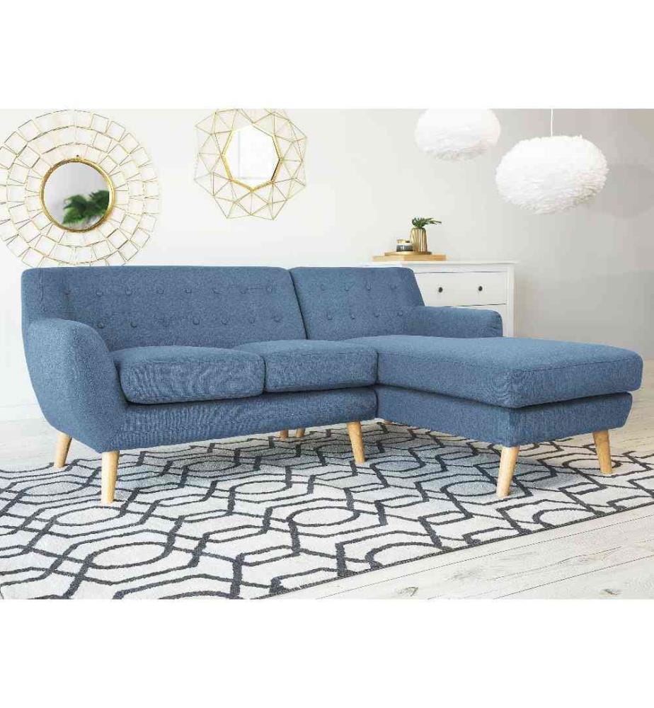 Canapé d'Angle Tapissé en Tissu Bleu avec Dossier à Boutons Confort et Design Scandinave