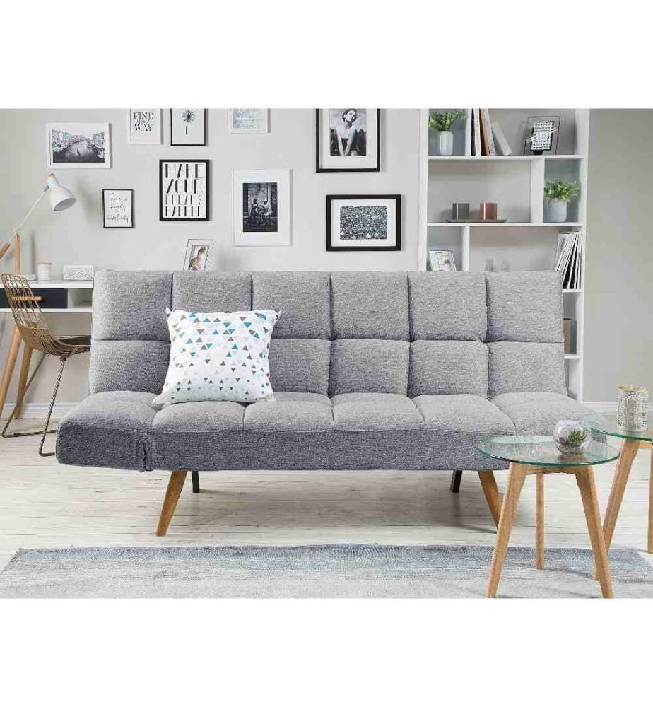Canapé Clic-Clac 3 Places en Tissu Gris avec Fonction Couchage Confortable pour Salon Scandinave Moderne