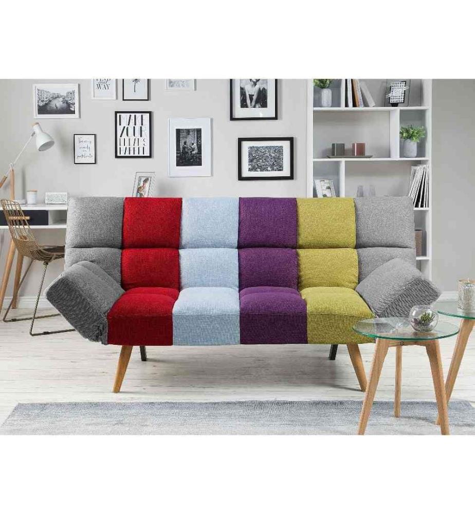 Canapé Clic-Clac 3 Places en Tissu Multicolore avec Fonction Couchage Confortable pour Salon Scandinave Moderne