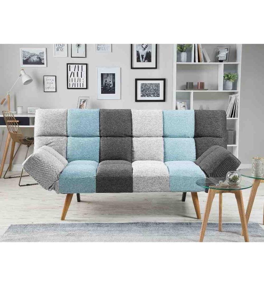 Canapé Clic-Clac 3 Places en Tissu Gris et Bleu avec Fonction Couchage Confortable pour Salon Scandinave Moderne