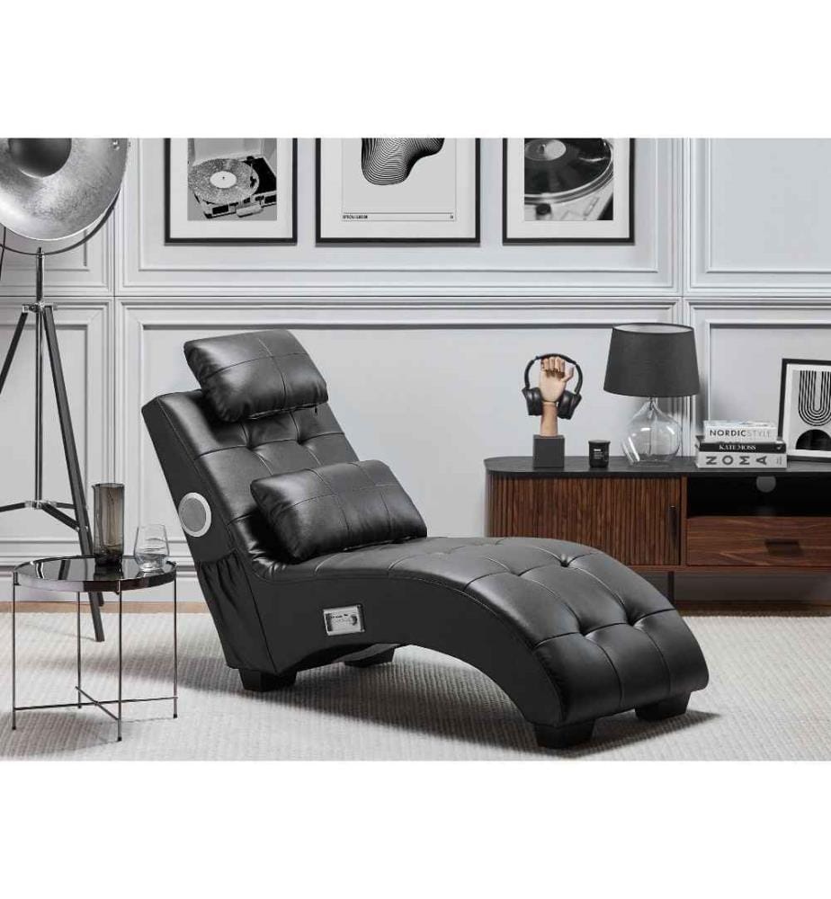 Chaise Longue Méridienne en Cuir PU Noir Capitonné avec Haut Parleur Bluetooth et USB Intégrés Design Moderne Rétro et Confortable