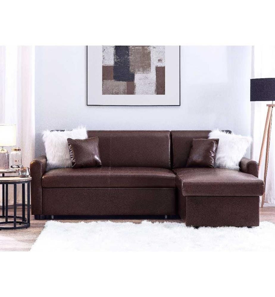 Canapé d'Angle Convertible Côté Gauche en Simili-cuir Marron Foncé avec Fonction Couchage et Rangement pour Salon Moderne et Traditionnel