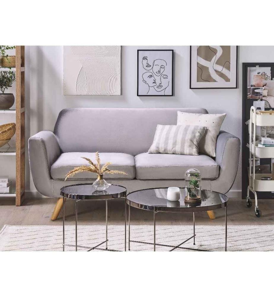 Canapé Fixe 2 Places en Velours Gris avec Piètement en Bois Design et Housse Amovible Lavable Meuble Idéal pour Salon Rétro et Scandinave