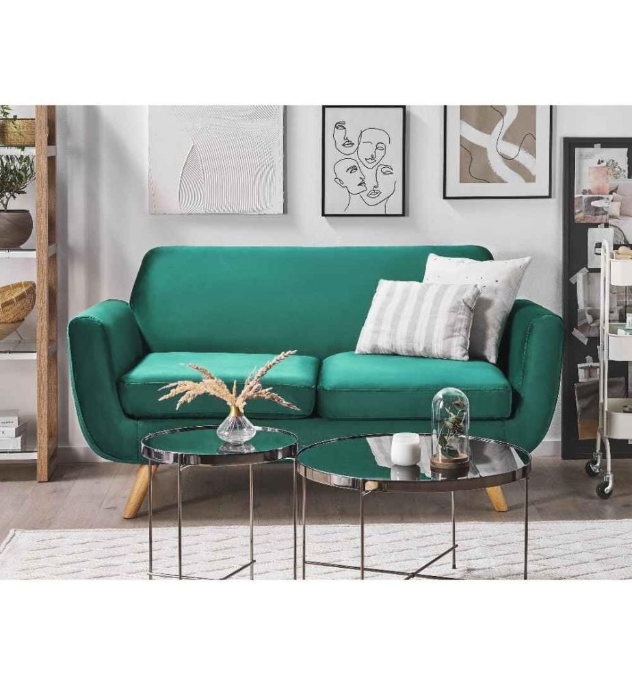 Canapé Fixe 2 Places en Velours Vert avec Piètement en Bois Design et Housse Amovible Lavable Meuble Idéal pour Salon Rétro et Scandinave