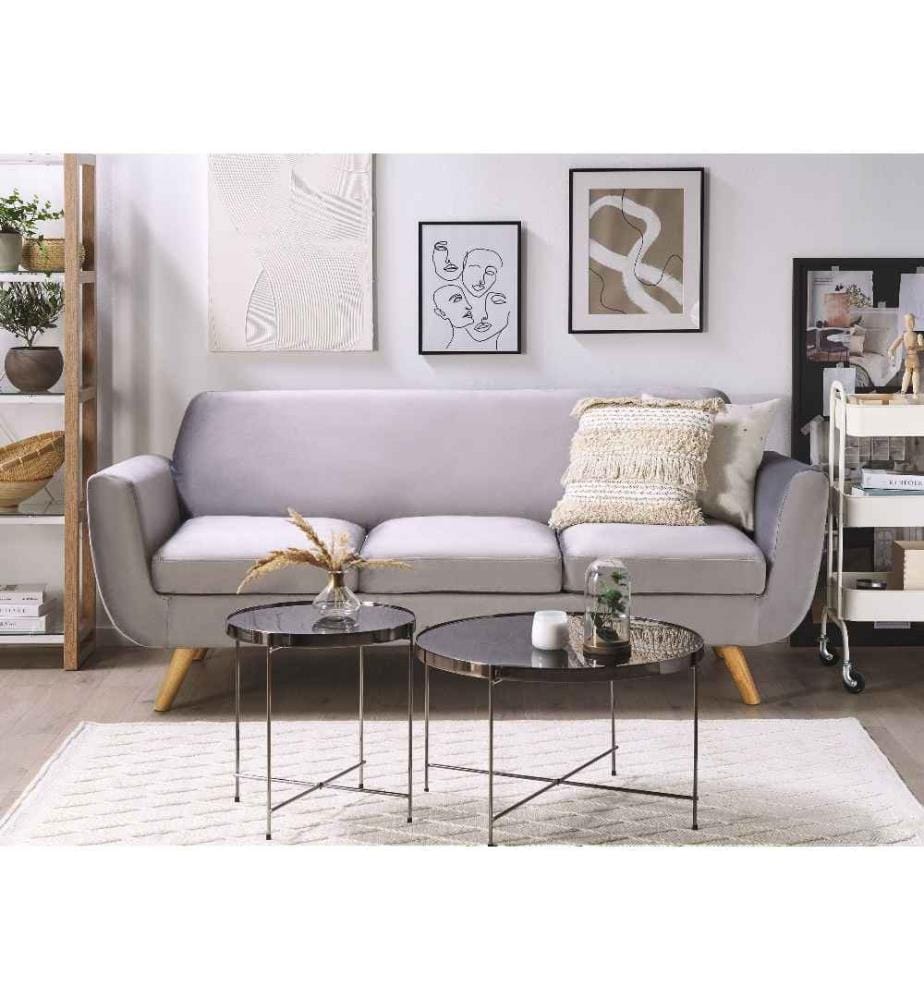 Canapé Fixe 3 Places en Velours Gris avec Piètement en Bois Design et Housse Amovible Lavable Meuble Idéal pour Salon Rétro et Scandinave