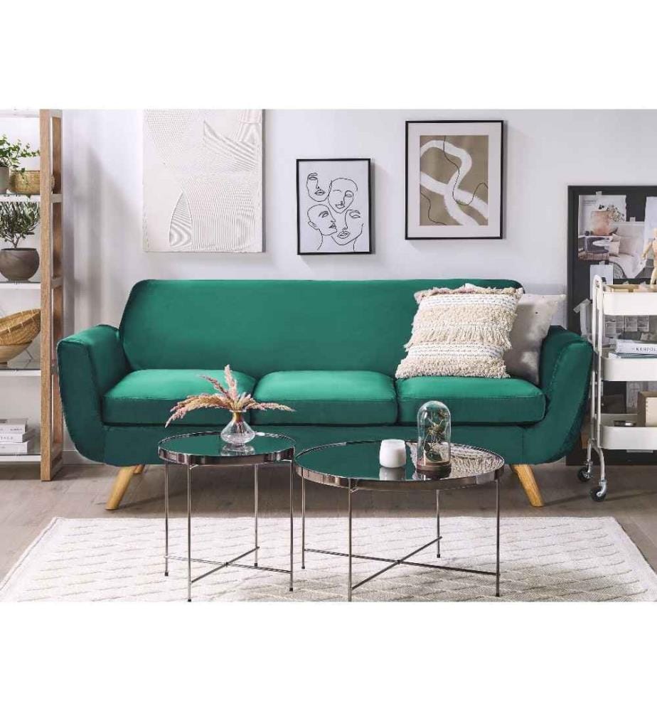 Canapé Fixe 3 Places en Velours Vert avec Piètement en Bois Design et Housse Amovible Lavable Meuble Idéal pour Salon Rétro et Scandinave