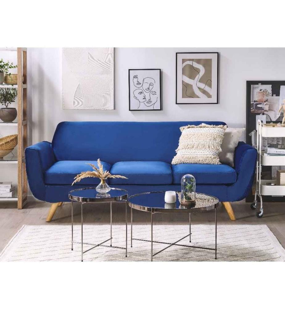 Canapé Fixe 3 Places en Velours Bleu Marine avec Pieds en Bois Design et Housse Amovible Lavable Meuble pour Salon Rétro et Scandinave