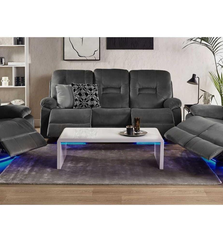 Canapé de Salon Gris en Velours 3 Places avec Port USB et LED Bleue Inclinable Electriquement en 2 Positions Moderne