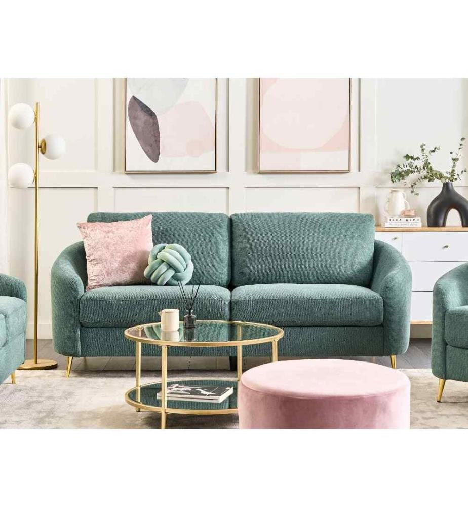 Canapé Vert en Tissu Glamour 3 Places Pieds Dorés Courbes Assises Moelleuse Accoudoirs Unis Design Rétro pour Salon