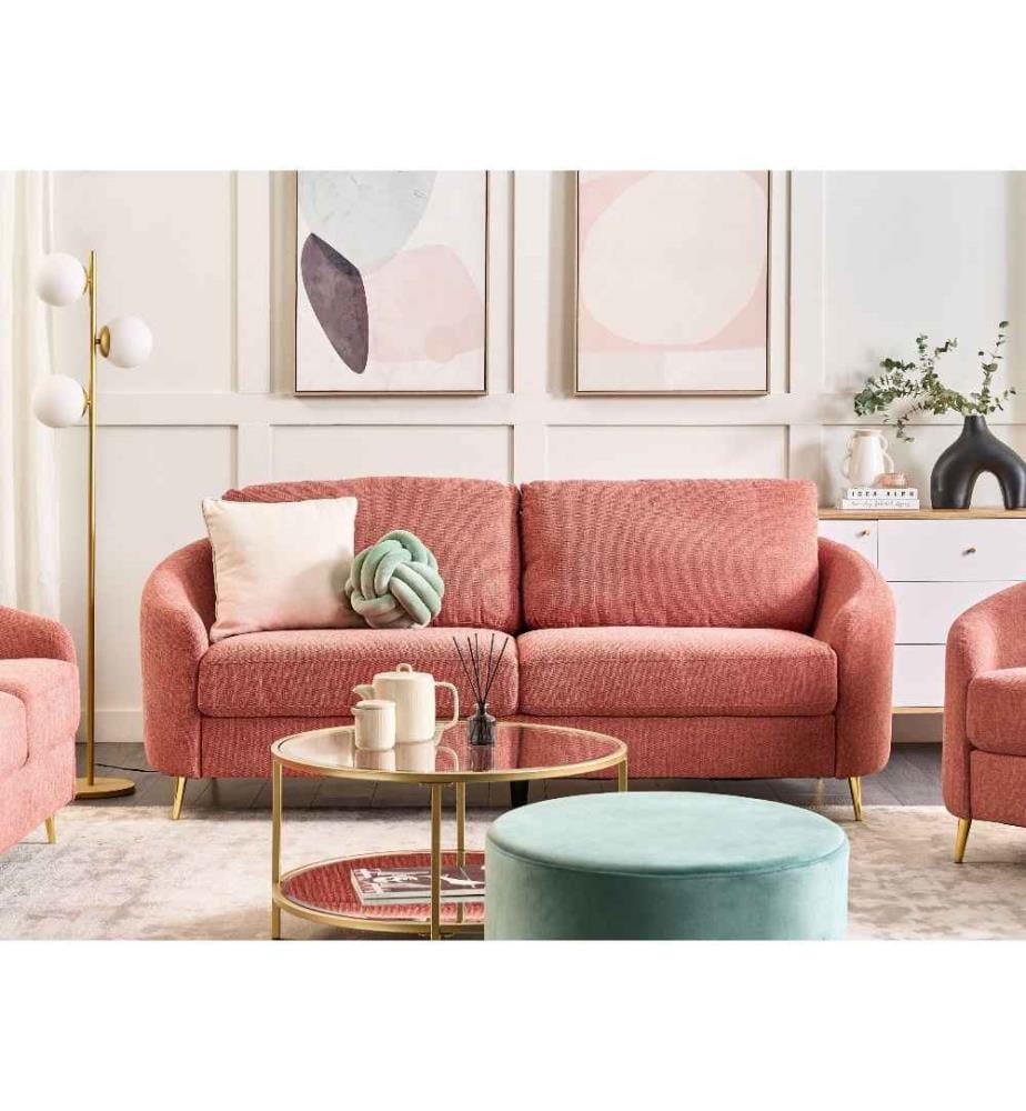 Canapé Rose en Tissu Glamour 3 Places Pieds Dorés Courbes Assises Moelleuse Accoudoirs Unis Design Rétro pour Salon