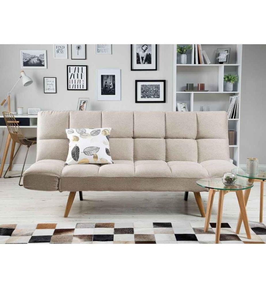 Canapé Clic-Clac 3 Places en Tissu Beige avec Fonction Couchage Confortable pour Salon Scandinave Moderne