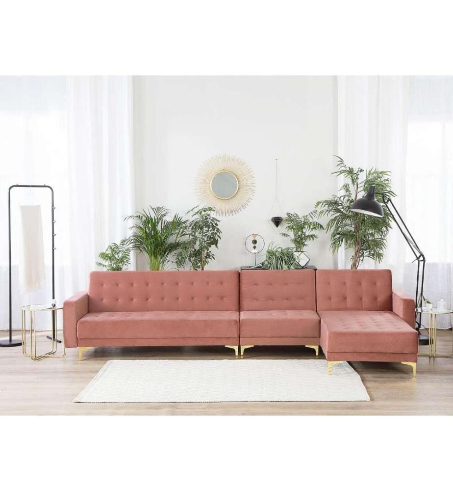 Canapé d'Angle Convertible et Modulable Côté Gauche en Velours Rose avec Fonction Lit pour Salon Moderne