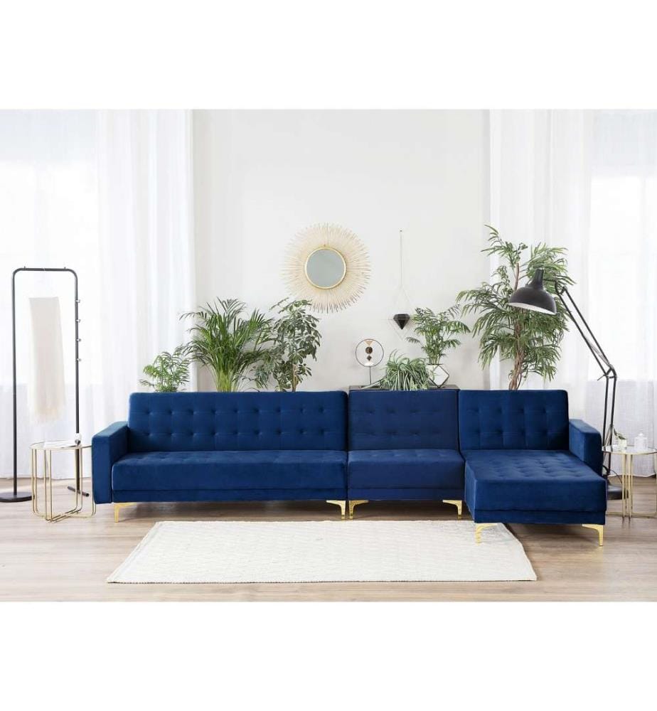 Canapé d'Angle Convertible et Modulable Côté Gauche en Velours Bleu Foncé avec Fonction Lit pour Salon Moderne