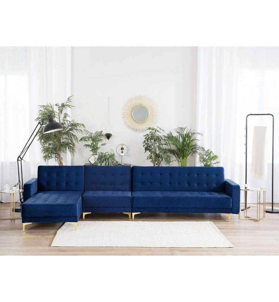 Canapé d'Angle Convertible et Modulable Côté Droit en Velours Bleu Foncé avec Fonction Lit pour Salon Moderne