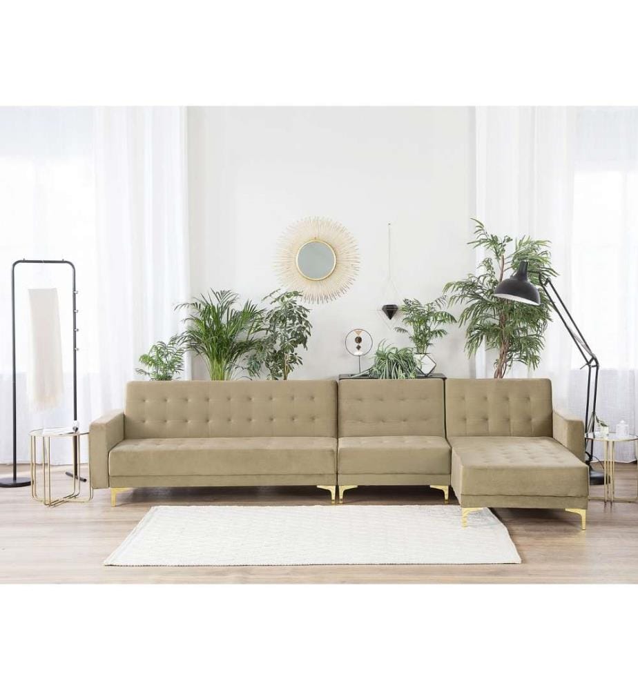 Canapé d'Angle Convertible et Modulable Côté Gauche en Velours Beige avec Fonction Lit pour Salon Moderne