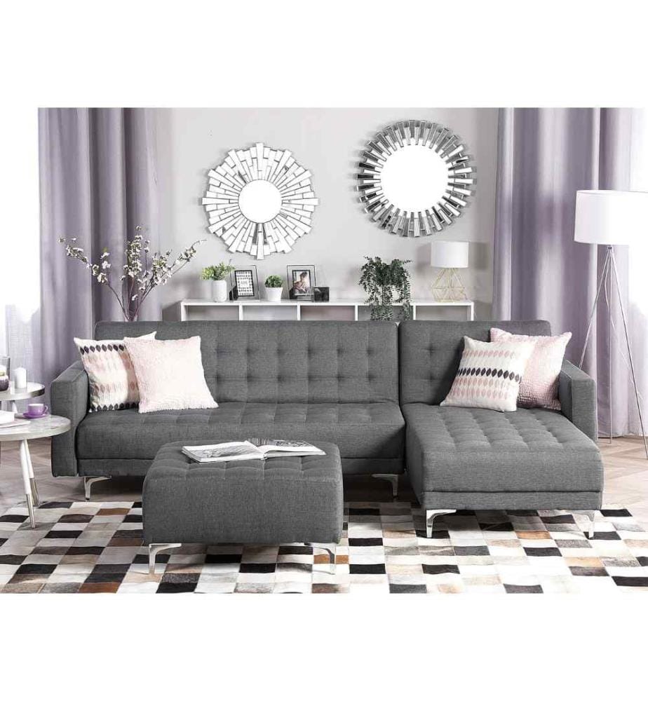 Canapé d'Angle Convertible Côté Gauche en Tissu Gris Clair avec Fonction Lit et Pouf Ottoman pour Salon Moderne