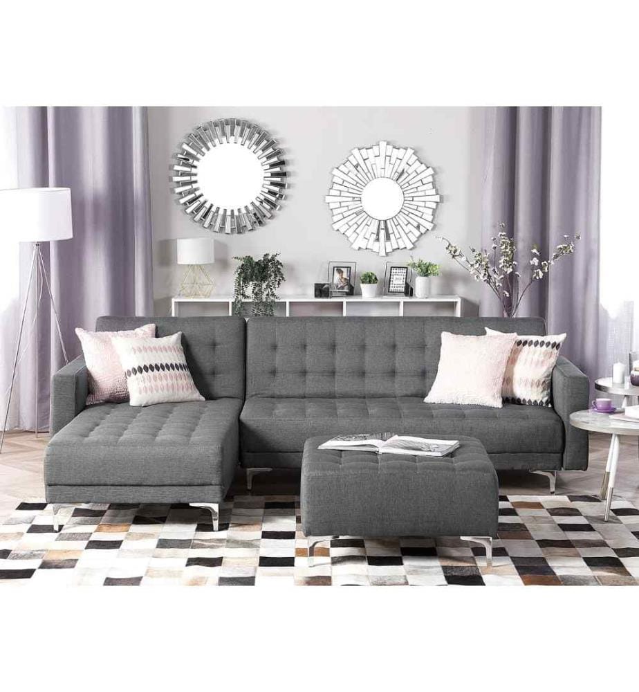 Canapé d'Angle Convertible Côté Droit en Tissu Gris Clair avec Fonction Lit et Pouf Ottoman pour Salon Moderne