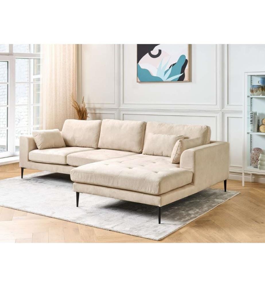 Canapé d'angle gauche en L en velours blanc crème avec assise et coussins rembourrés et matelassés