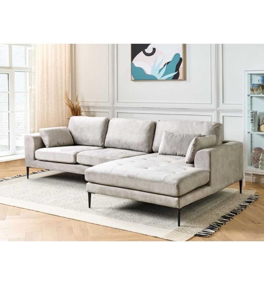 Canapé d'angle gauche en L rembourré en velours gris avec assise et coussins rembourrés et matelassés