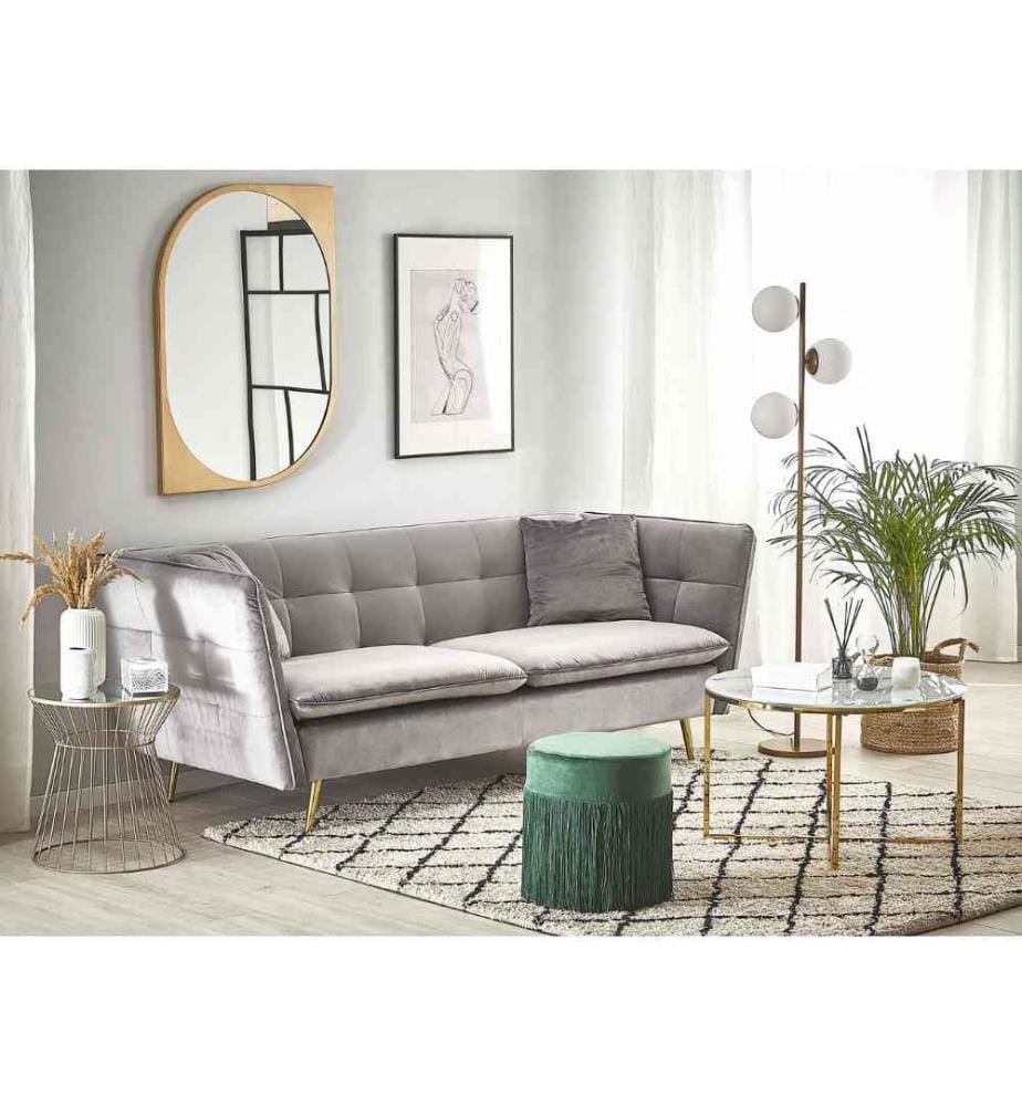 Canapé 3 Places Tapissé en Velours Gris avec Dossier Capitonné et Pieds Métalliques Dorés Idéale pour Salon au Style Glamour et Rétro