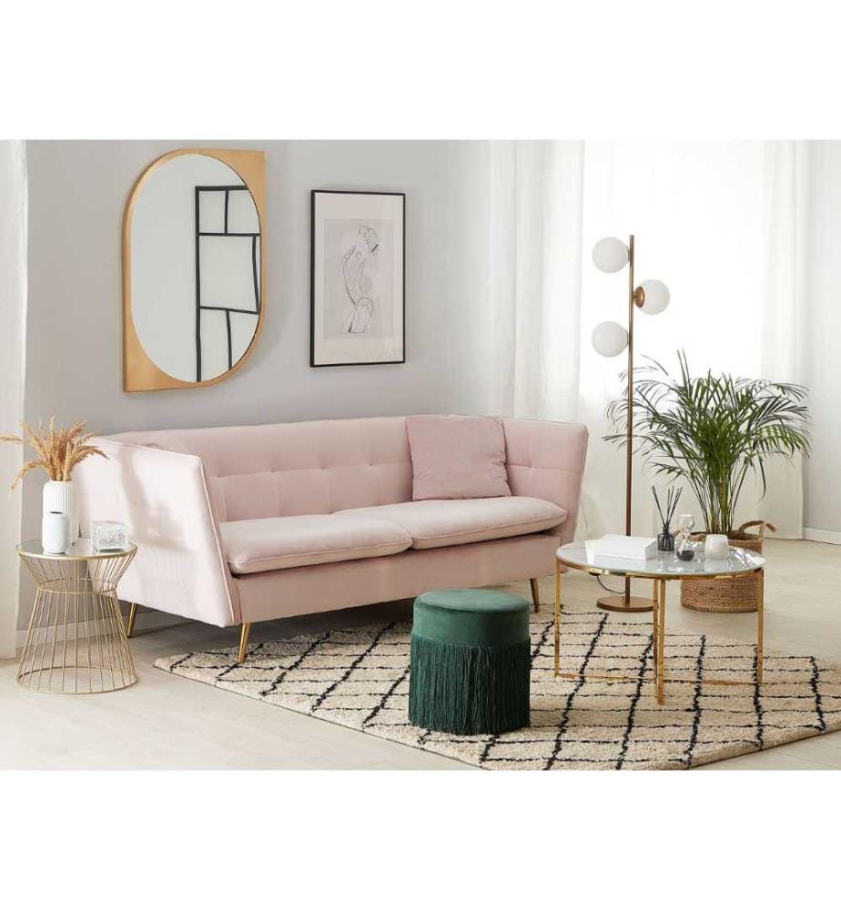 Canapé 3 Places Tapissé en Velours Rose avec Dossier Capitonné et Pieds Métalliques Dorés Idéale pour Salon au Style Glamour et Rétro
