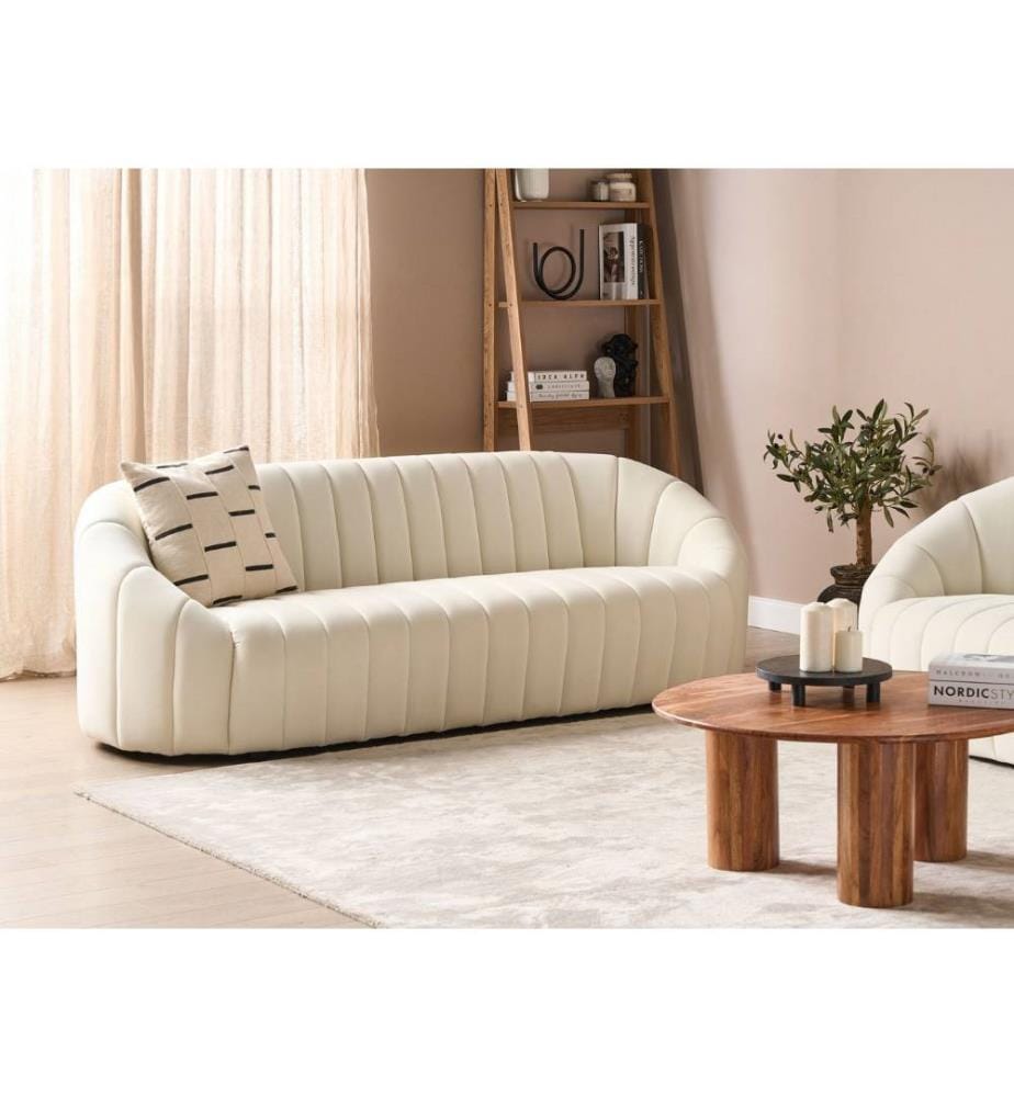 Canapé 3 places en velours blanc cassé Design contemporain et rétro Assise tapissée et dossier bas