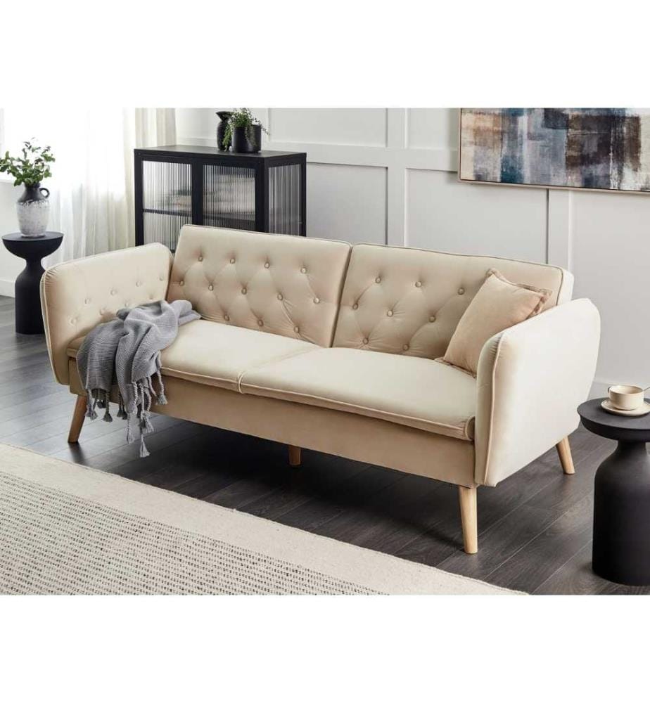 Canapé 2 Places Convertible en Lit Double Revêtement en Velours Gris et Piètement en Bois Parfait pour Salon Moderne et Scandinave