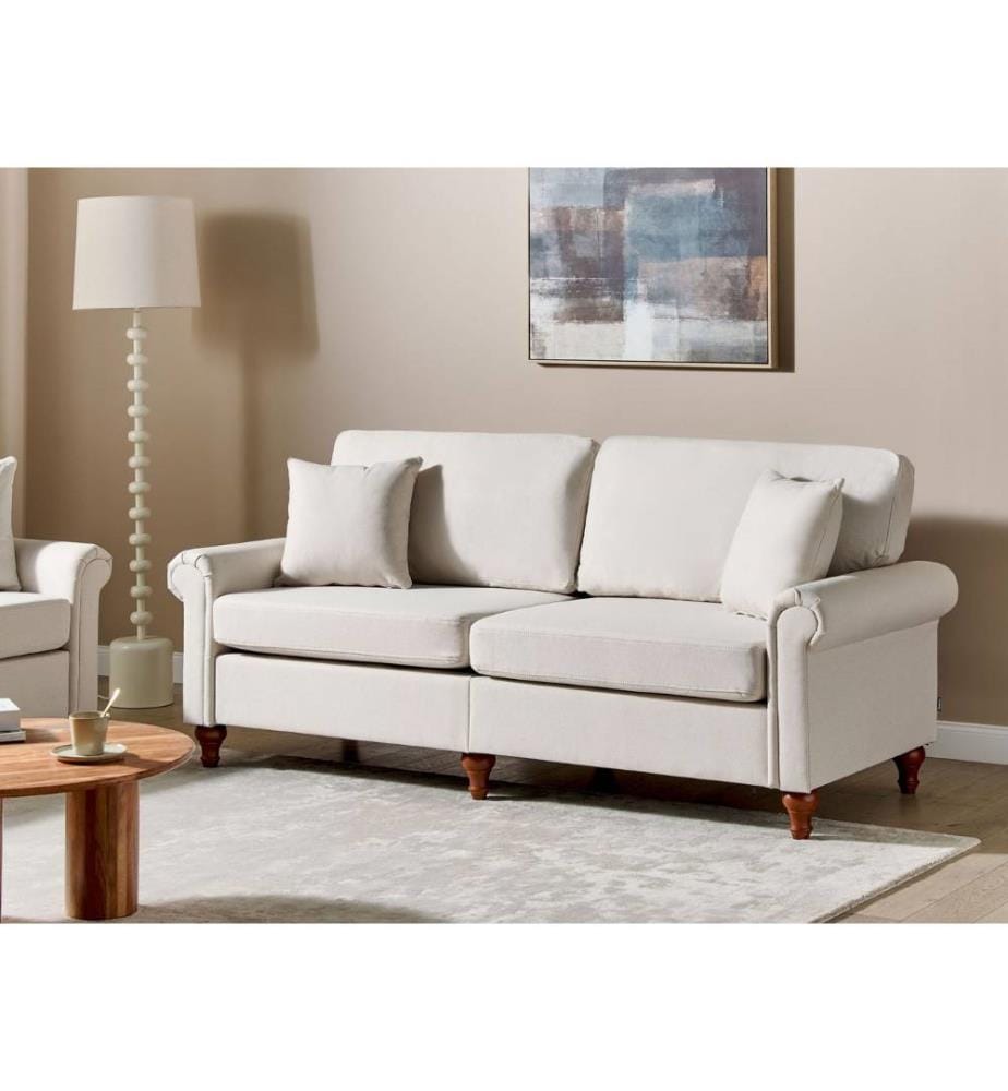 Canapé Fixe 3 Places Tapissé en Tissu Beige avec Clous Décoratifs pour Salon au Style Moderne