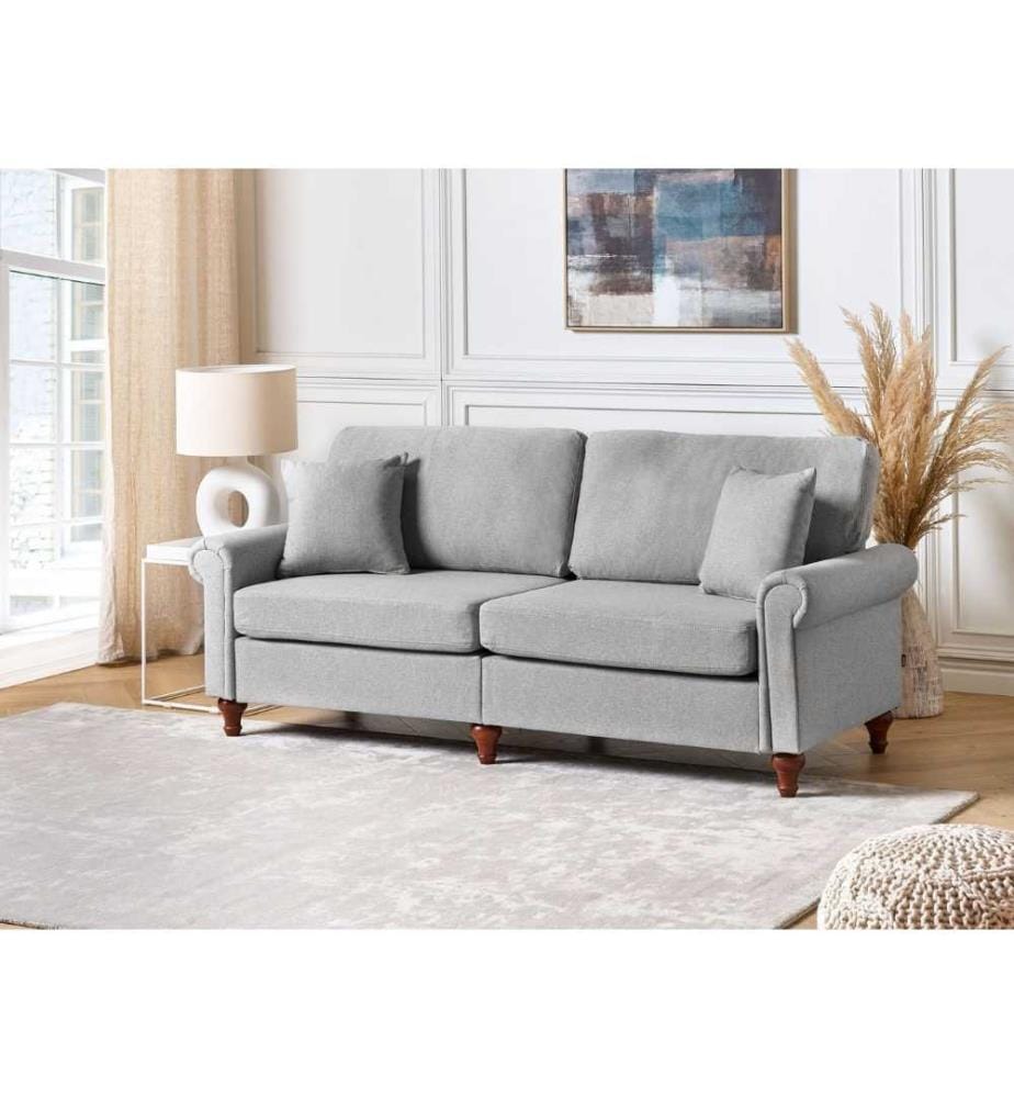 Canapé Fixe 3 Places Tapissé en Tissu Beige avec Clous Décoratifs pour Salon au Style Moderne