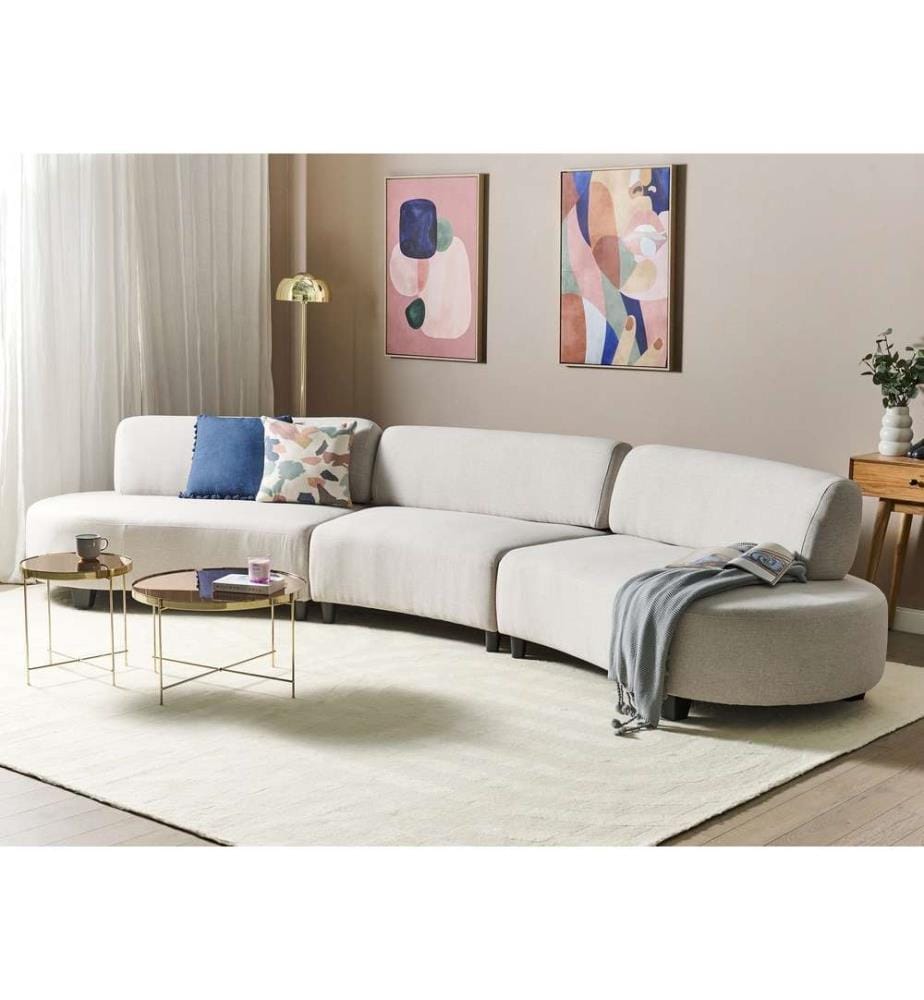 Grand Canapé 6 Places en Lin Gris et Bois d'Eucalyptus Rembourrage en Mousse Design Moderne Forme Courbe Dossier Réglable Facile à Entretenir