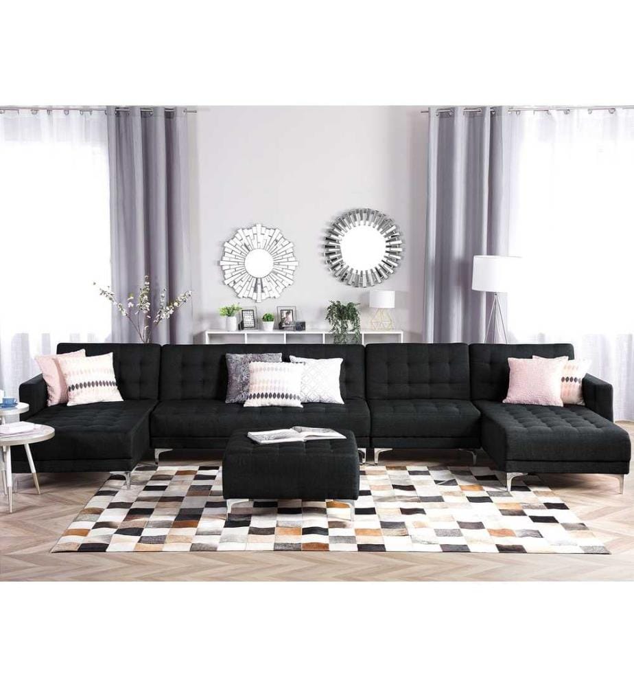 Grand Canapé d'Angle Panoramique en U en Tissu Gris Foncé Convertible en Lit et Modulable avc Pouf Ottoman Assorti pour Salon Moderne