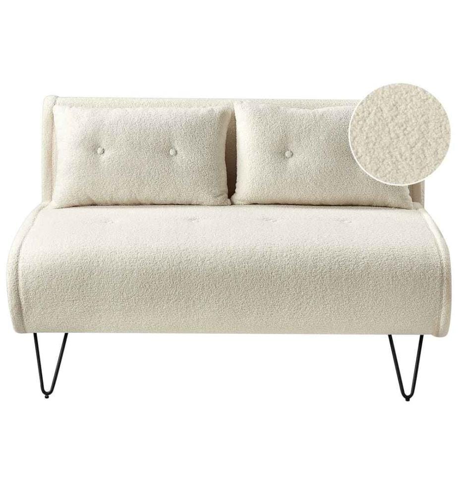 Canapé-Lit Beige Clair en Tissu Bouclé 2 Places Fonction Couchage Sans Accoudoir avec Coussins Pieds Métal Noirs Design Glamour