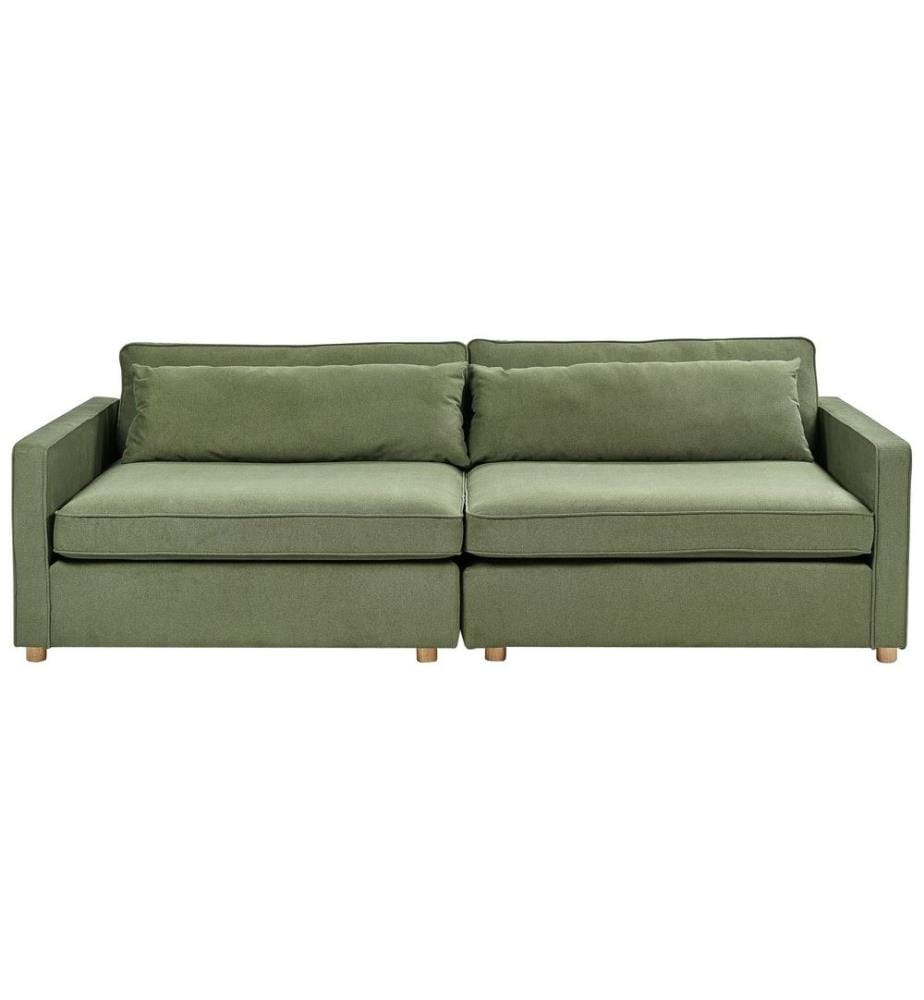 Canapé 3 Places Vert en Tissu Pieds en Bois Accoudoirs Style Moderne