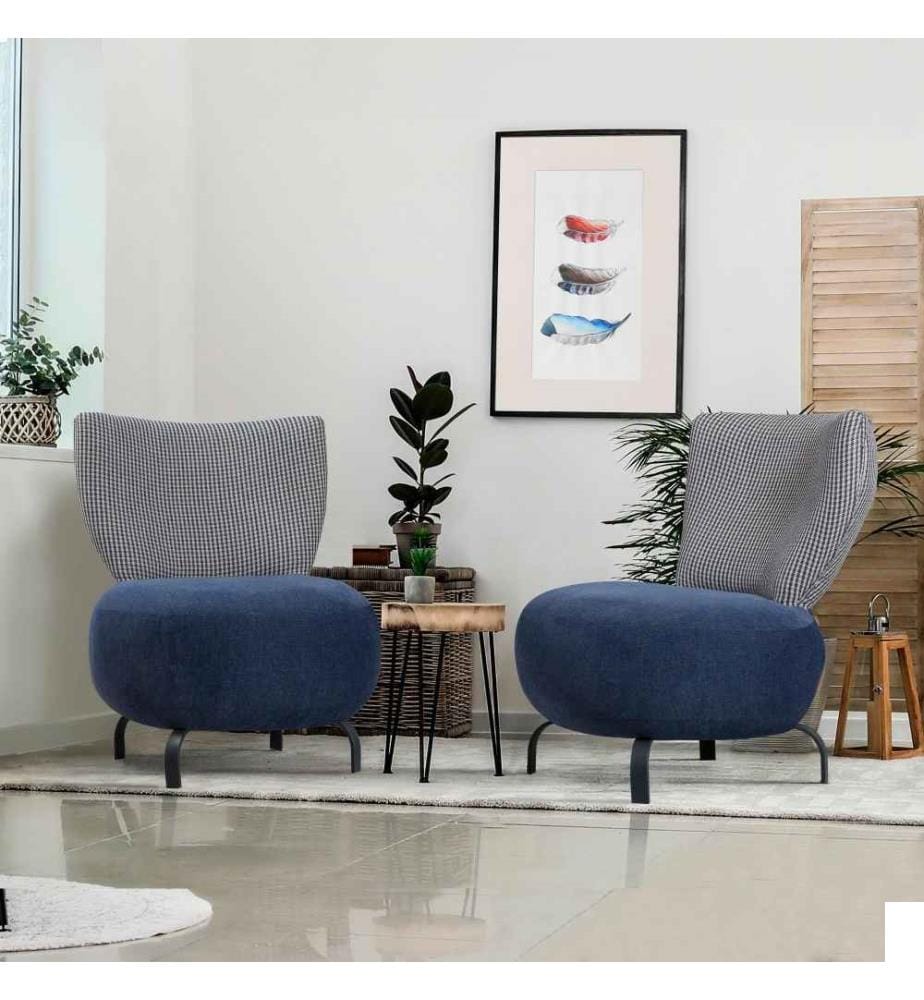 Ensemble de chaises à oreilles, bleu foncé, cadre en bois de charme, tissu Chenille