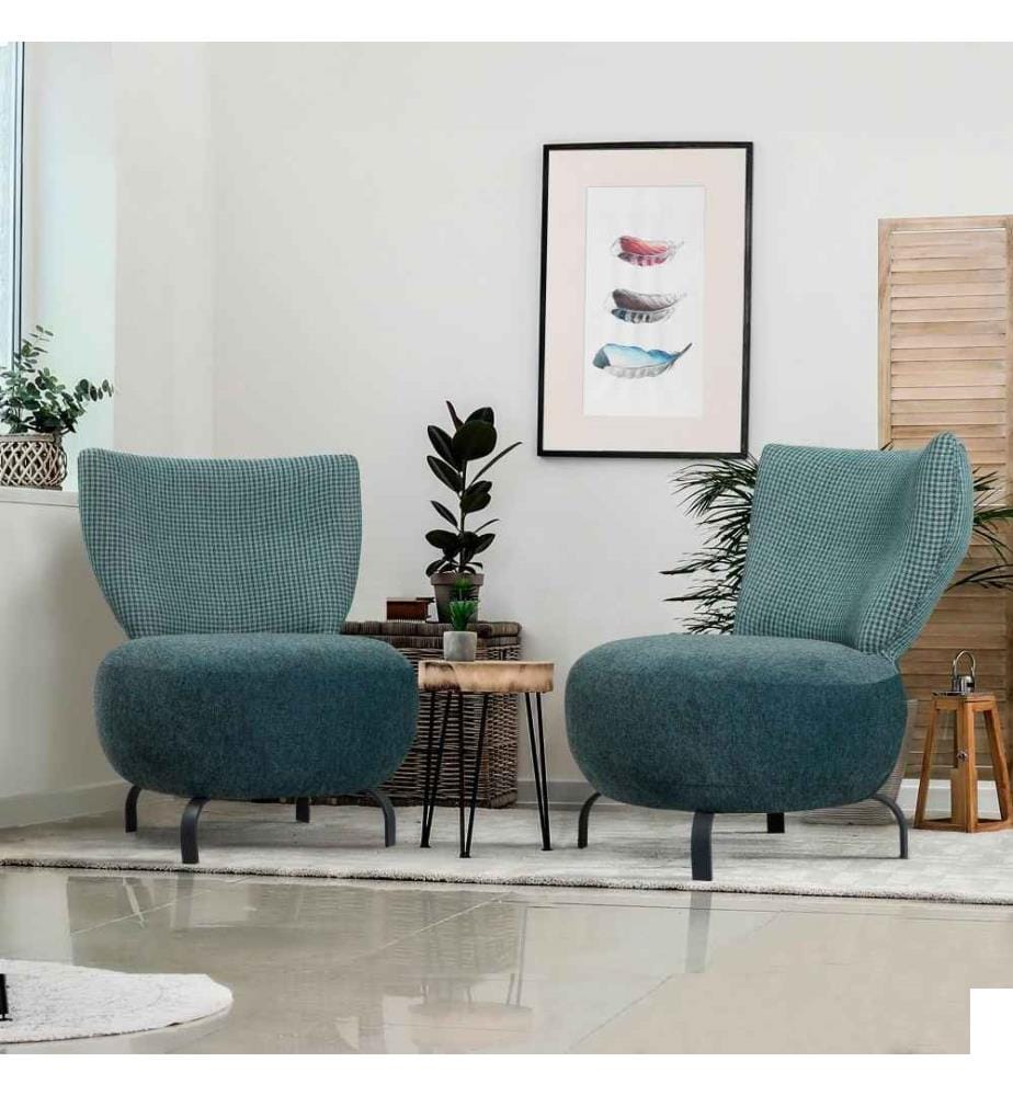 Ensemble de chaises à oreilles, Turquoise, cadre en bois de charme, tissu Chenille