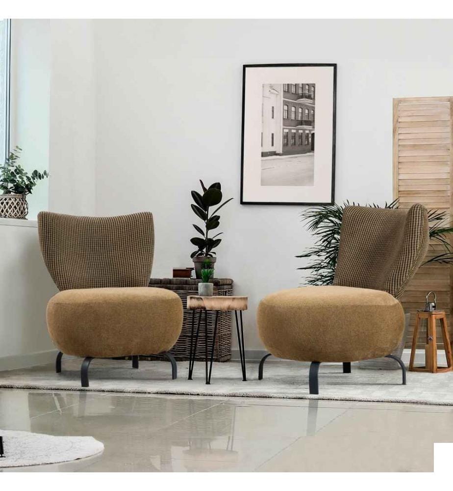 Ensemble de chaises à oreilles, Mustard, cadre en bois de charme, tissu Chenille