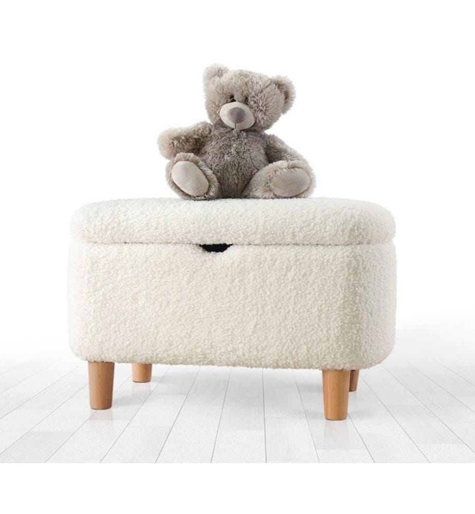 Pouf, blanc, fausse fourrure, pieds en bois