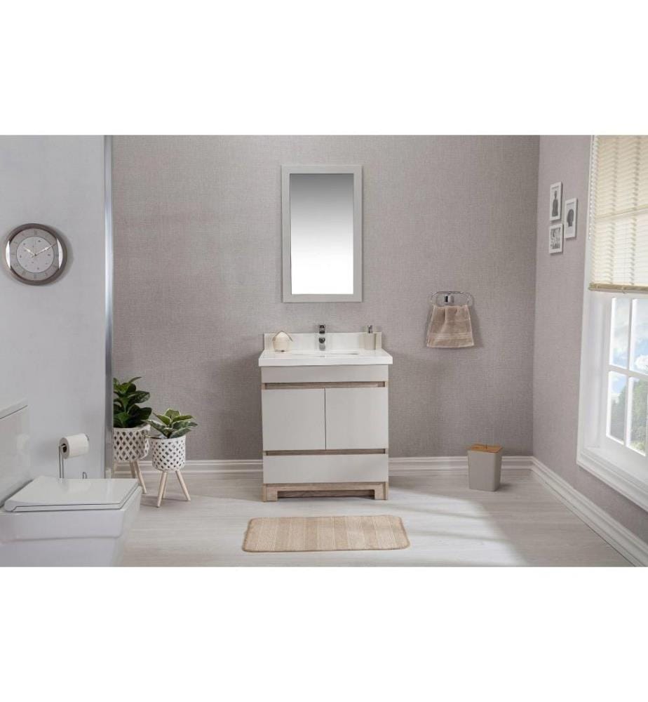 Ensemble de meubles de salle de bain, 2 pièces, chêne, MDF laqué, bois massif, comptoir en quartz blanc et évier en porcelaine sous plan