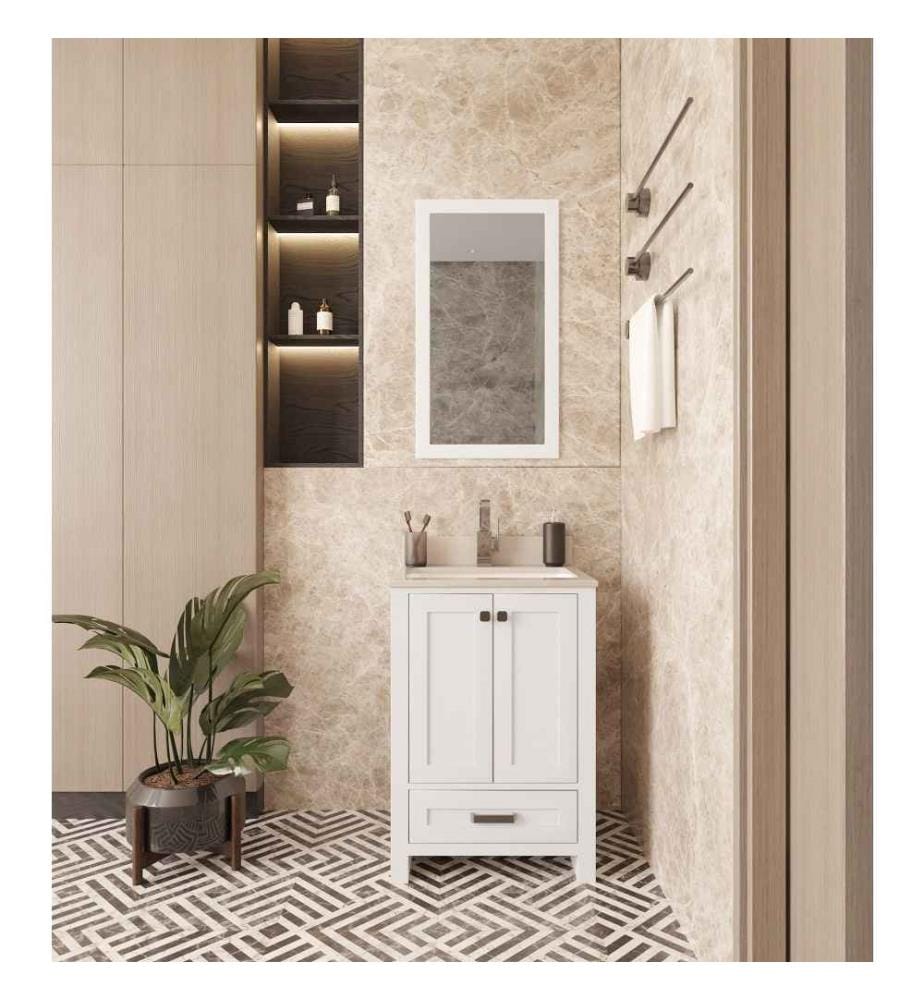 Ensemble de meubles de salle de bain, 2 pièces, blanc, MDF laqué, bois massif, comptoir d'évier en quartz blanc et porcelaine sous-jacente